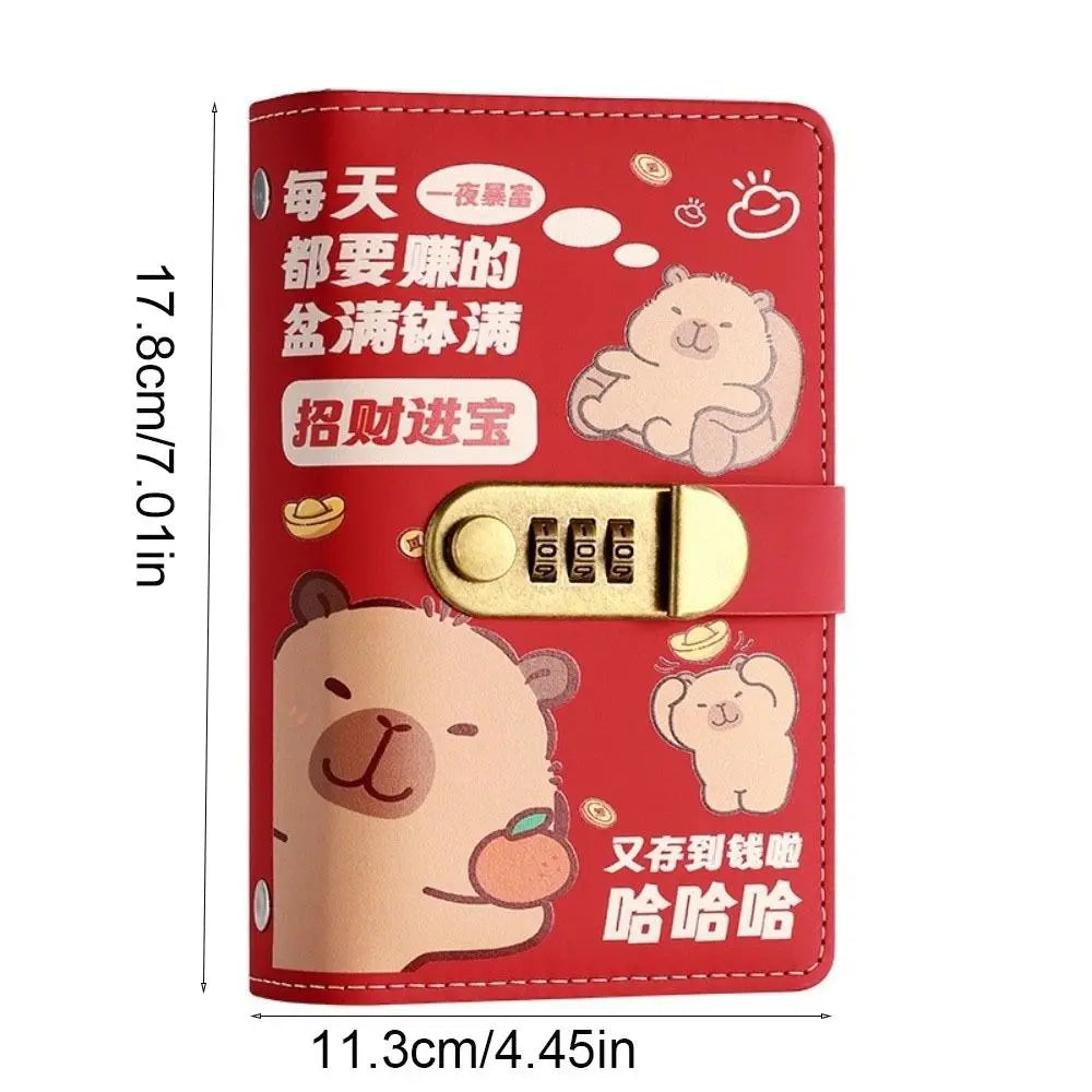 Cartoon Capybara Saving Money Binder PU Leather with Password Lock Planner Organizer Savings Handbook Cash Envelopes Oasis Select