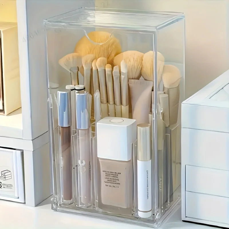 Clear Acrylic Makeup Brush Organizer Holder With Lid Cosmetic Storage Box For Vanity Tabletop Desk Display Produce Clothes Oasis Select