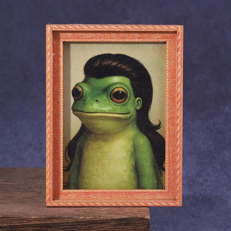 1Pc Mini Wooden Photo Frame Frog Fridge Magnet Funny Green Frog & Haircut Modern Kitchen Decor Refrigerator Ornament Oasis Select