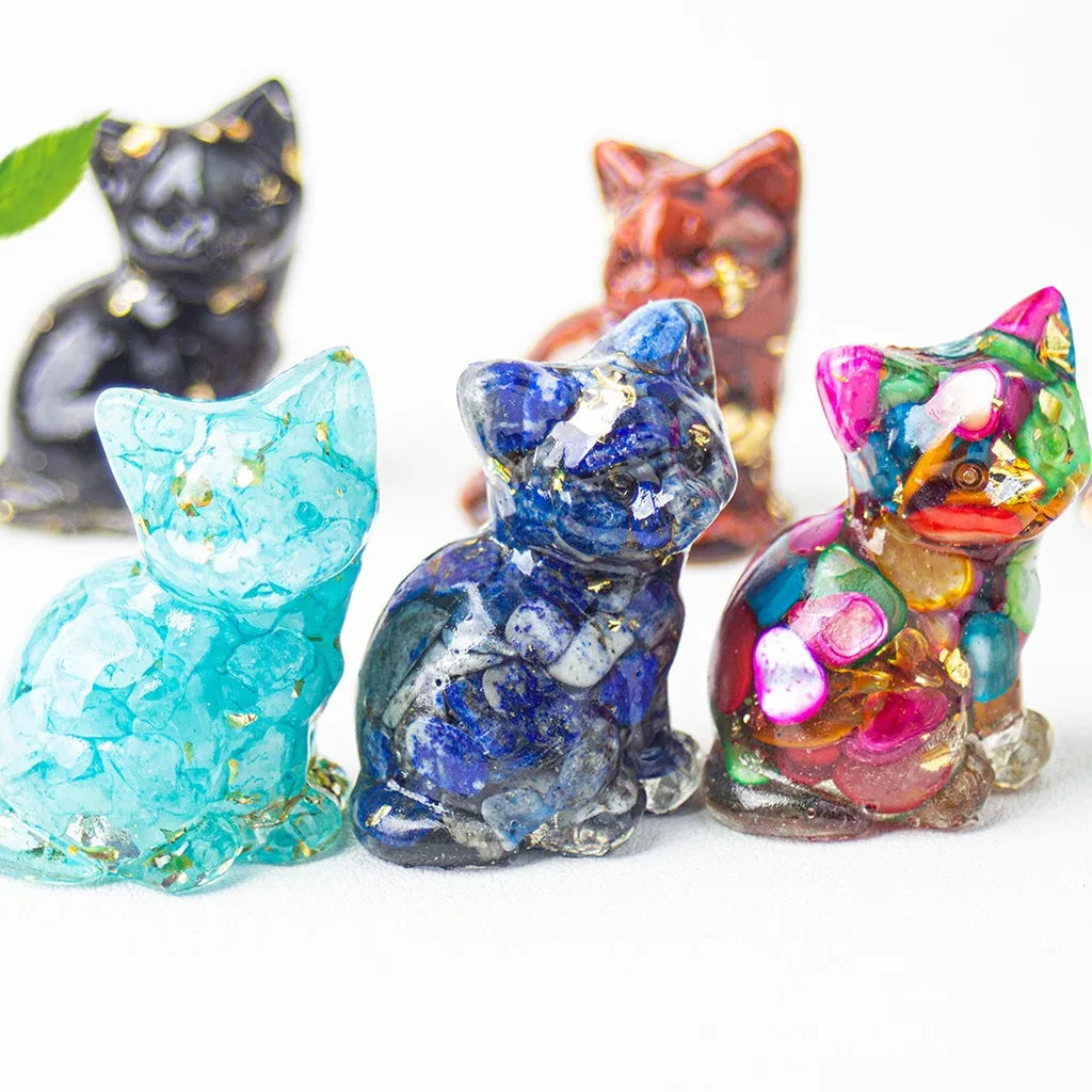 Natural Crystal Gravel Resin Sitting Turning Face Cat Figurine With Gold Foil Cute Desktop Decor For Home Office Oasis Select