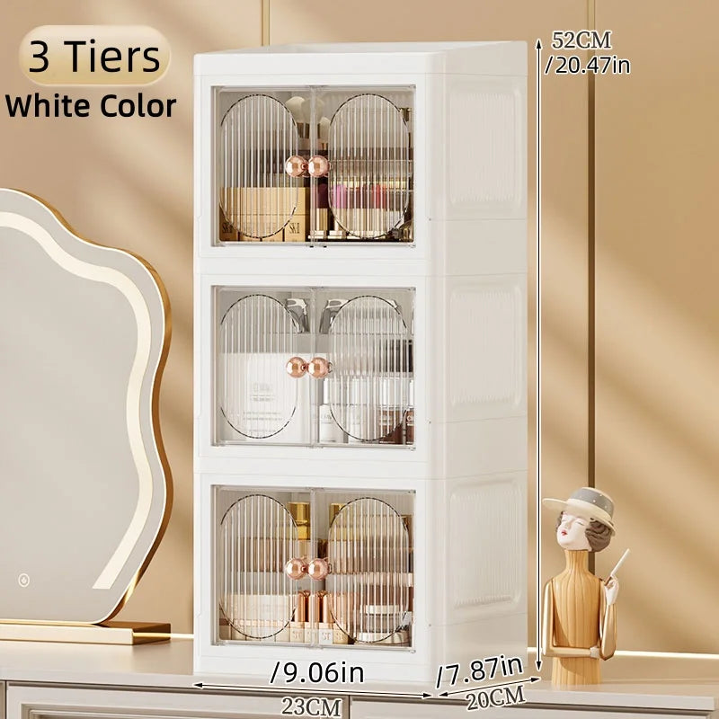Foldable Desktop Makeup Organizer Multi-Layer Storage Cabinet Large Capacity for Cosmetics Toiletries Books Oasis Select 3 Layers White