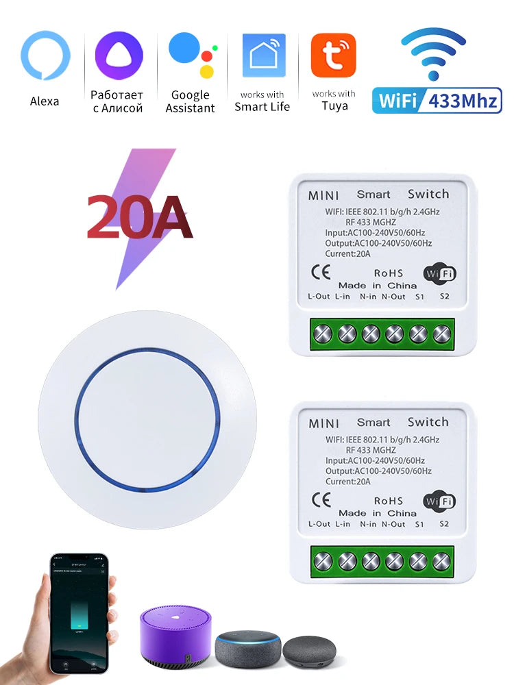 Tuya WiFi Smart Switch 16A 20A 100-240V Relay Controller RF433Mhz Wireless Remote Control Mini Round Panel Switch For Led Light Oasis Select 2Receiver1Switch 20A