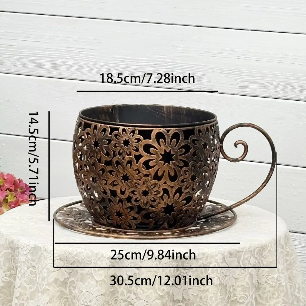 Teacup Iron Flower Pot | Vintage Garden Planter with Saucer