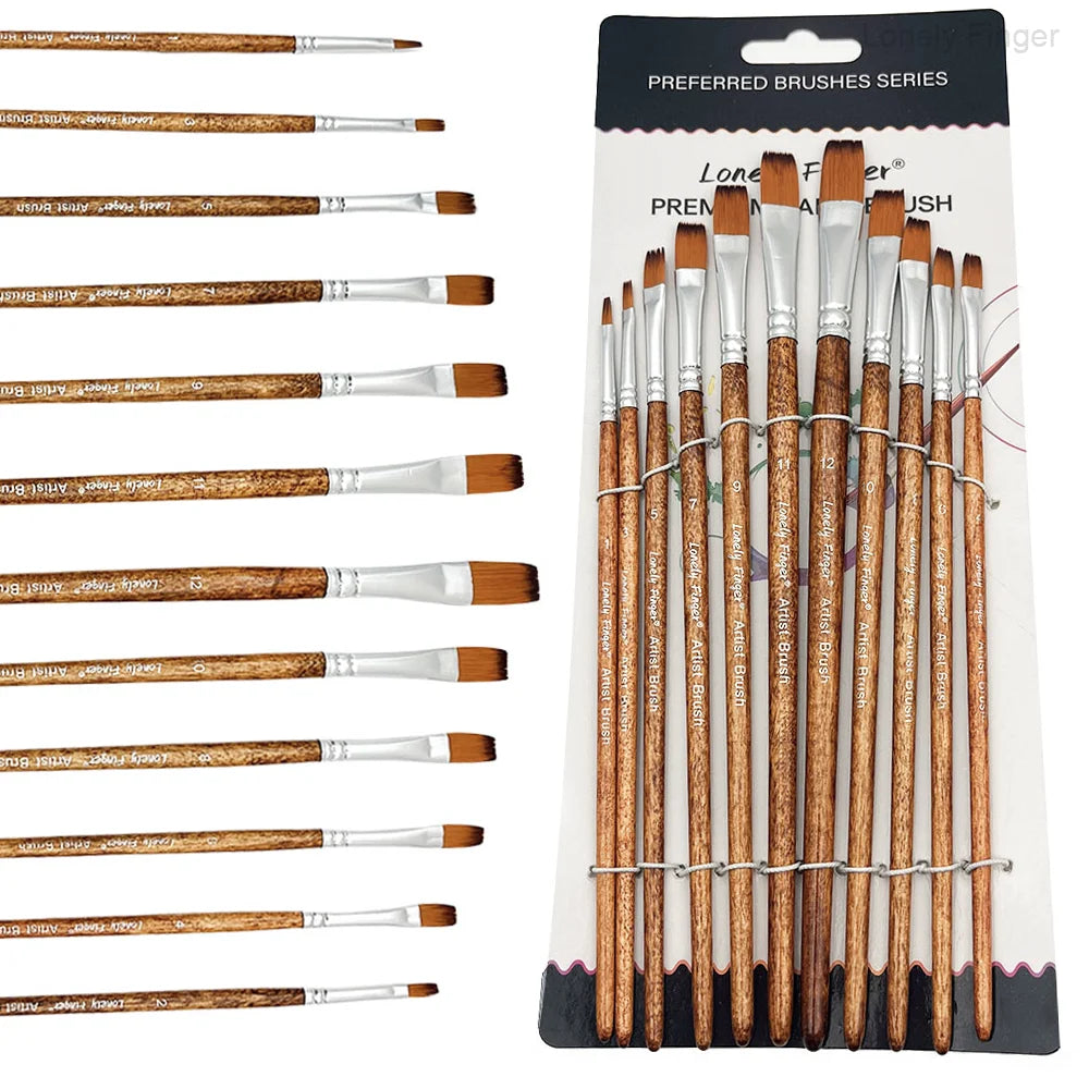 Flat Paint Brushes Set, 12pcs Nylon Professional Flat Paint Brushes for Watercolor, Oil Painting, Acrylic, Face Body Nail Art, C Oasis Select 12Brown Flat