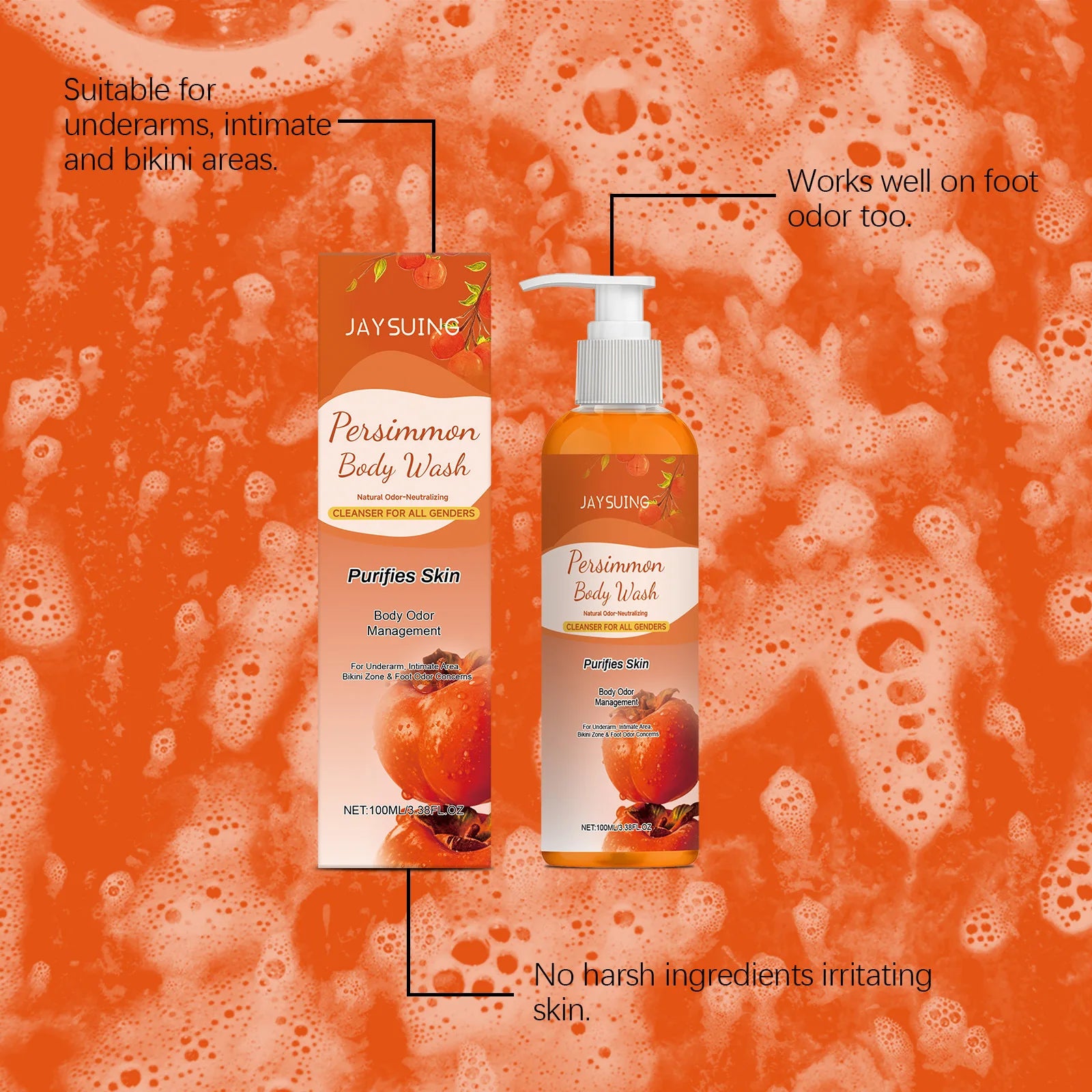 JAYSUING Persimmon Deodorizing Shower Gel Hydration Remove Odors Lasting Fragrance Exfoliate Perspiration Skin Sooth Shower Gel Oasis Select