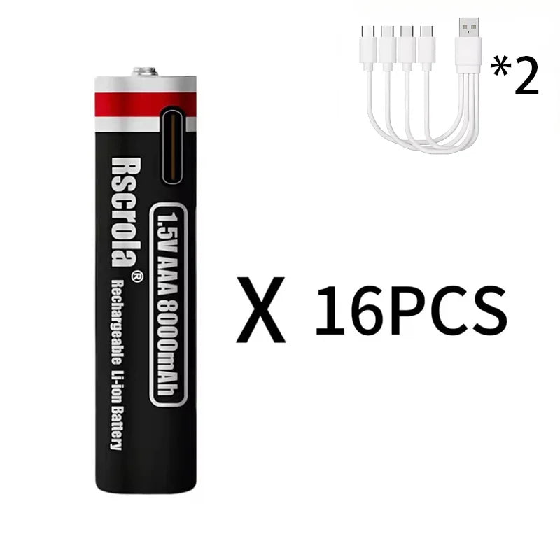 New 1.5V AA13600mAh/AAA8000mAh USB Type-C Rechargeable Lithium Battery for Mouse， Cameras, Electric Toothbrushes, Shavers Oasis Select 16 AAA8000 1.5V