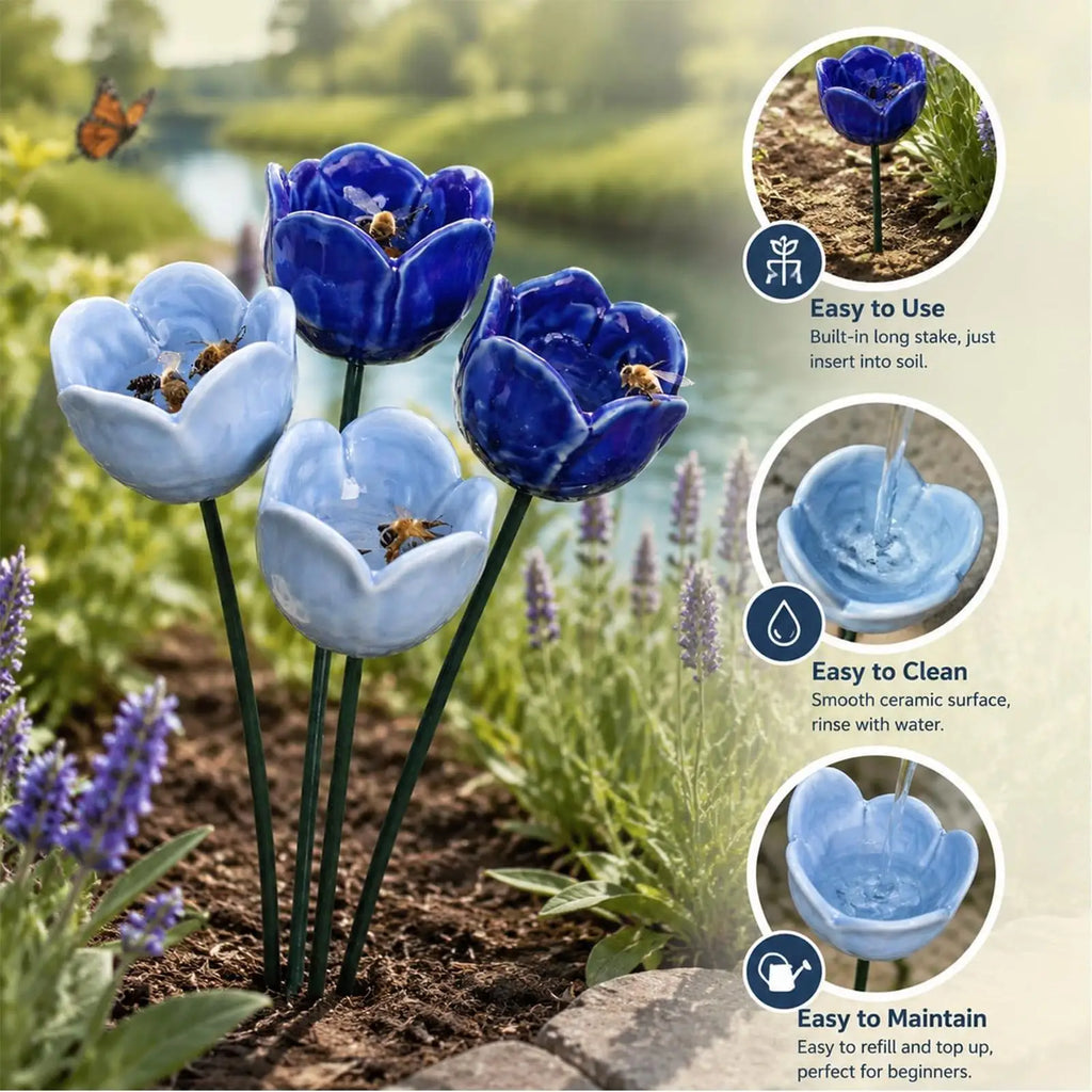 4Pcs Flower Shaped Bee Watering Station Metal Flower Garden Stake Bird Bath Butterfly Water Feeder Garden Bird Bath Bowls
