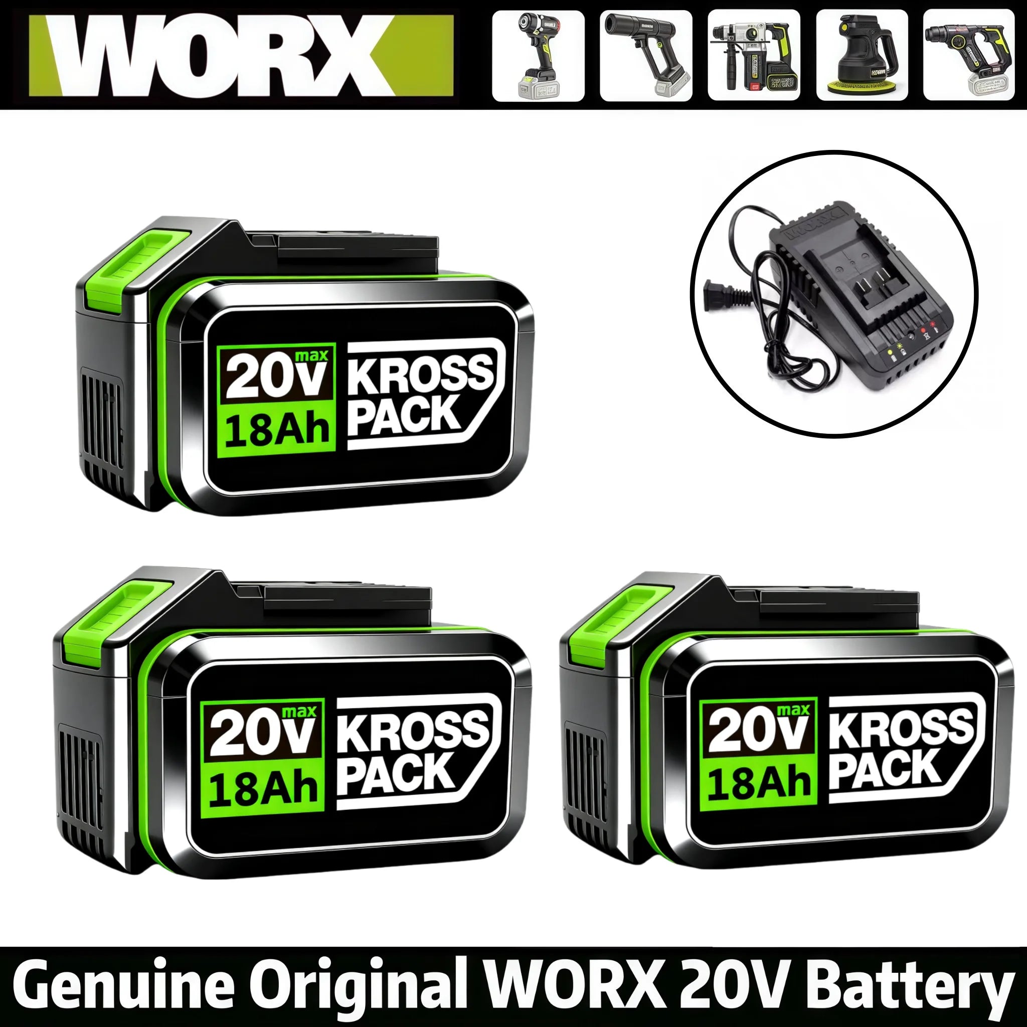 New High-capacity 20V Worx 18000mAh Replacement Lithium-ion Battery，For WA3551 WA3551.1 WA3553 WA3641Rechargeable Tool Battery Oasis Select 3PCS-18Ah-Charger