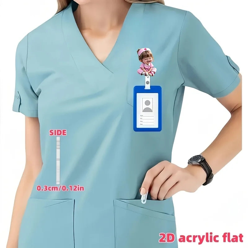 2D Flat， Cute Nurse ID Badge Holder with Glasses Pattern & Retractable Drawstring Oasis Select