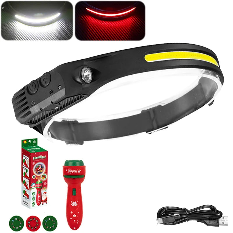 COB LED Headlamp Induction Head Lamp Built-in Battery USB Rechargeable Head Flashlight Outdoor Camping Fishing Sensor Headlight Oasis Select 1PC with Red Gift