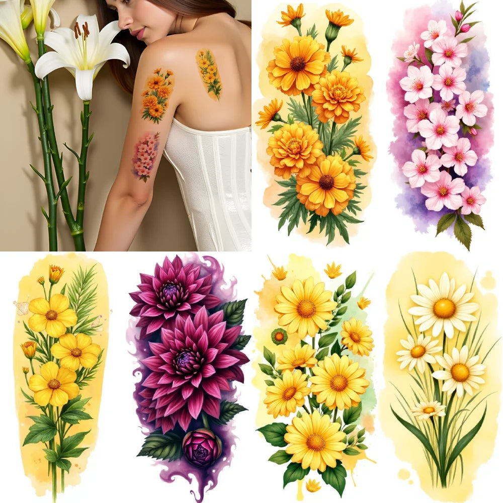 9-Pack Floral Temporary Tattoos – Waterproof Flower Designs
