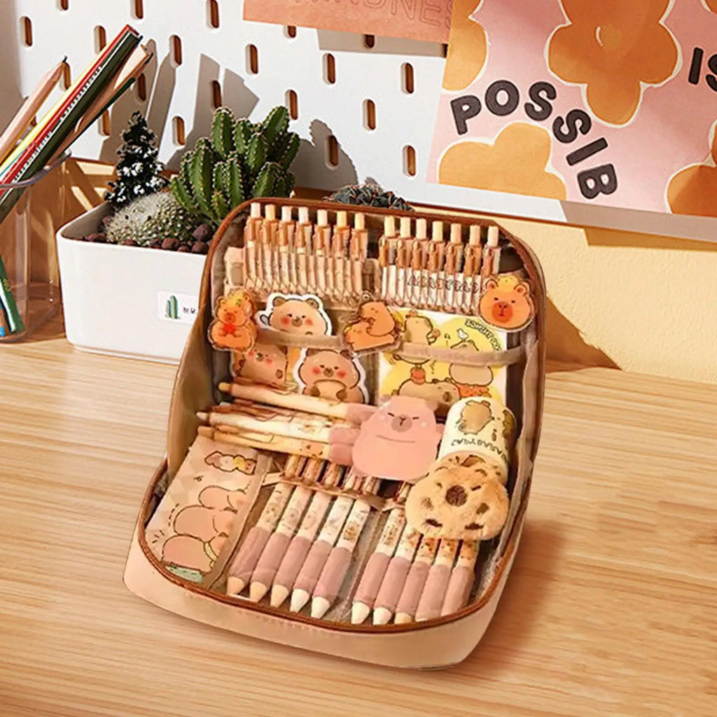 Capybara Stationery Set Portable Stationary Bag Cute Pencil Case with Pens Clips Rulers and More Wide Opening Pencil Organizer Oasis Select