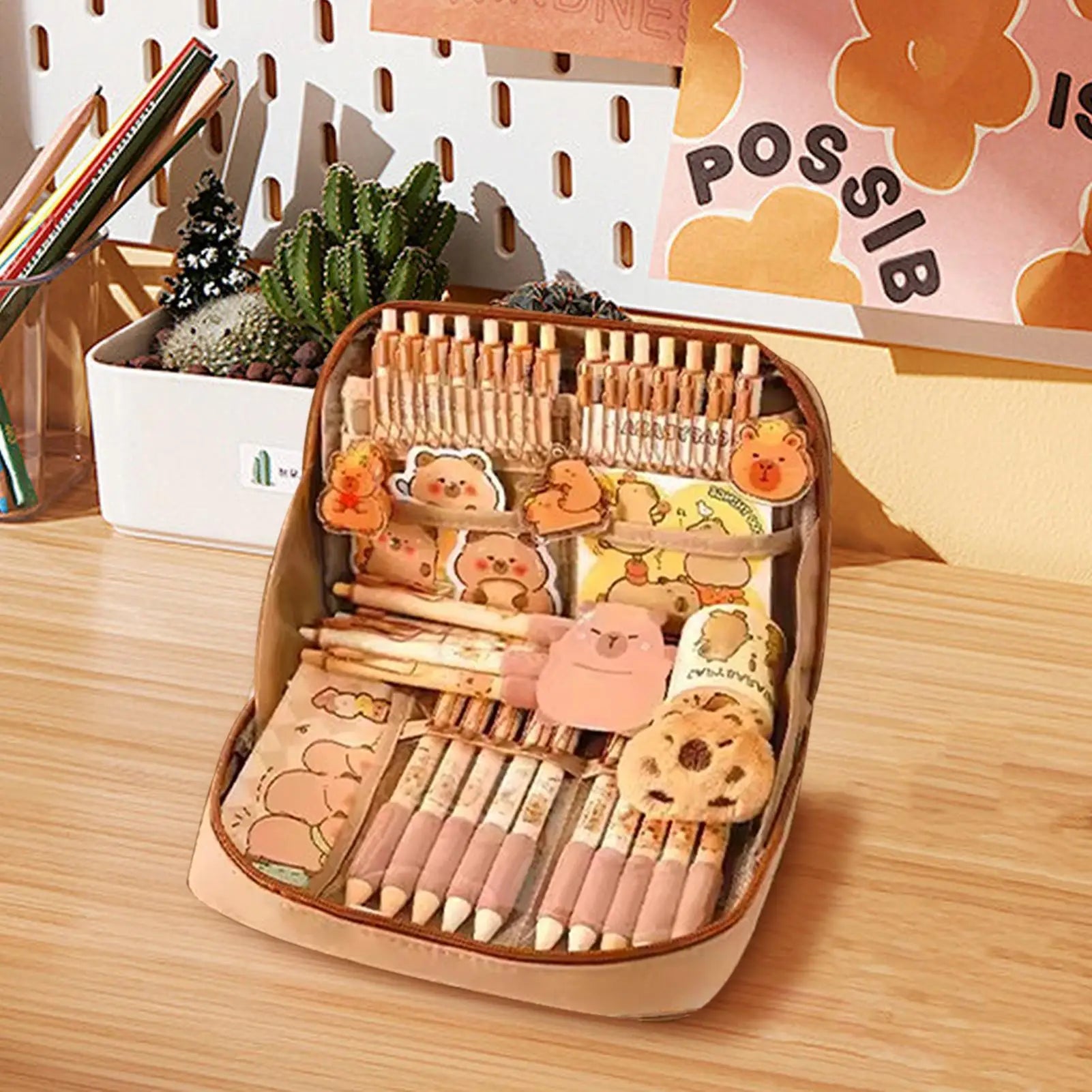 Capybara Stationery Set Portable Stationary Bag Cute Pencil Case with Pens Clips Rulers and More Wide Opening Pencil Organizer Oasis Select