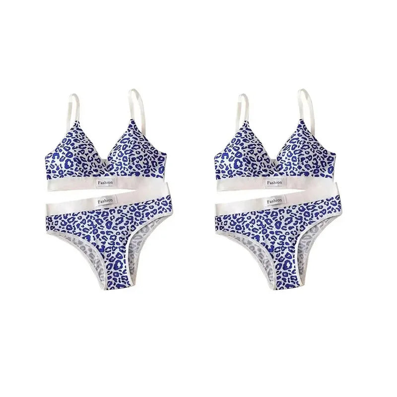 1-4pcs Summer Set New Women's Leopard Print Traceless and Steel Rim Bra Adjustable Shoulder Strap Back Women's Underwear Set Oasis Select Blue 2 set One Size