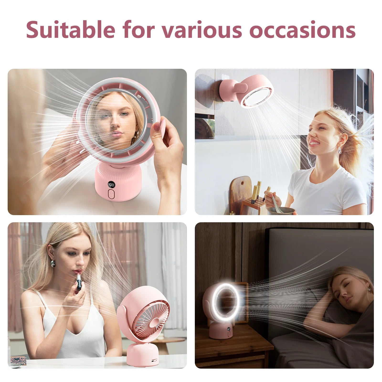 Cosmetic Mirror Bladeless Fan with LED Light – Portable Rechargeable
