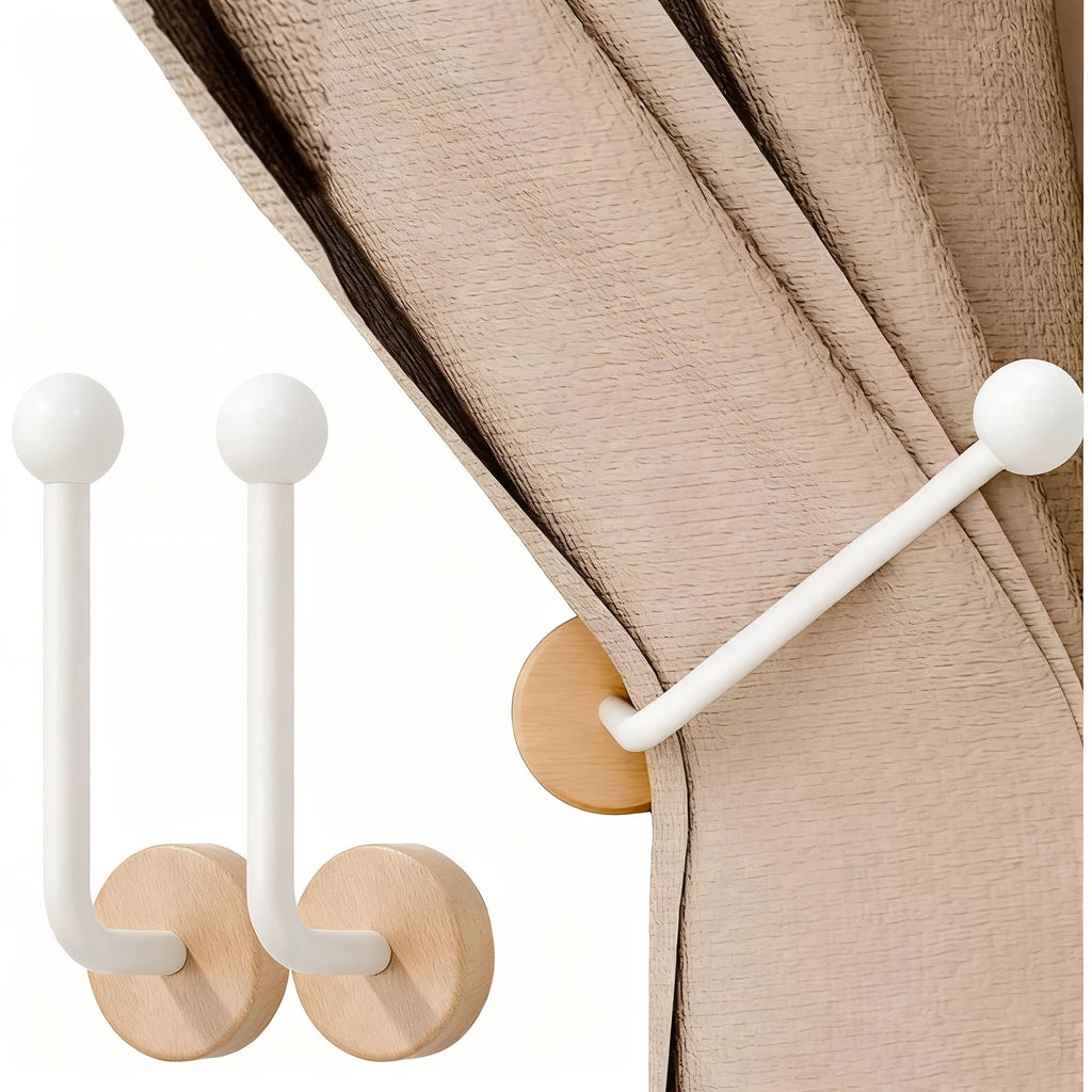 2-Pack Modern Adhesive Curtain Holdbacks No Drill Wall Mounted with FAS Walnut Wood Base - Heavy Duty Adhesive Panels & Wood Oasis Select 2pcs white