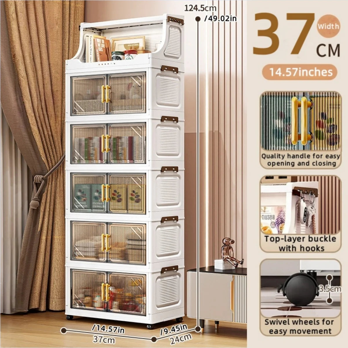 Foldable Double-Door Storage Cabinet,Large Capacity Space-Saving Mobile Organizer for Bedroom&Living Room（Clothes, Toys&Snacks） Oasis Select 6 Tiers Clear Gray