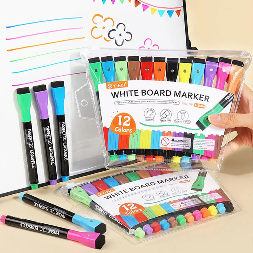 Erasable Magnetic Whiteboard Markers with Built-In Eraser | 12 Colors