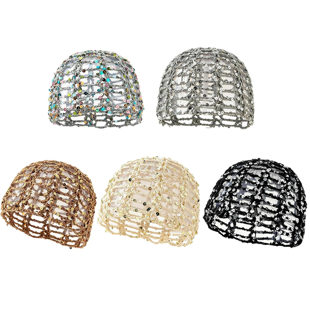 Y2K Sequined Crochet Beanie – Fishnet Pullover Hat for Women