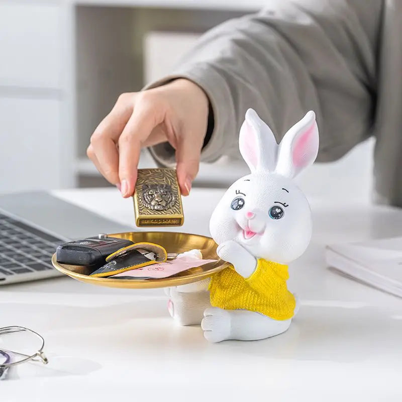 Cute Rabbit/Cat Storage Tray Multifunctional Rabbit Sculpture Key Tray Resin Bunny Statue Candy Dish Home Office Desk Decor Oasis Select