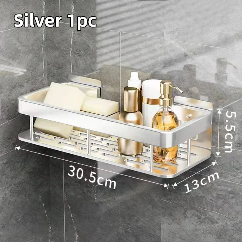 Bathroom Shelf Kitchen Storage Organizer Aluminum Alloy Shampoo Rack Shower Shelf Bathroom Accessories No Drill Shelf Oasis Select Styleb-Silvery-1PC