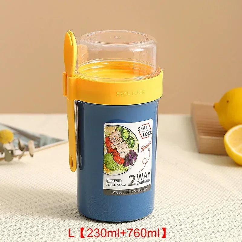 Portable Salad Cups Container Plastic with Lid and Fork Overnight cup Breakfast Oatmeal Cereal Nut Yogurt Cup School Lunch Box Oasis Select Blue-L