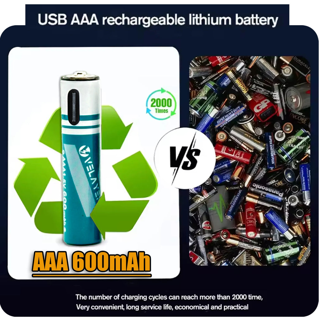 Long Lasting 600mAh AAA Rechargeable Battery Durable AAA Battery with USB C Charge Cable for High-Drain Devices Cameras Remotes Oasis Select