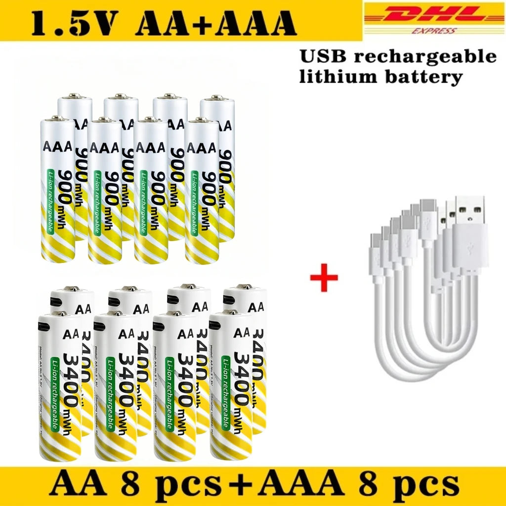 Li-ion AAA and AA Rechargeable Batteries USB Lithium-ion 3400mWh 1.5V AA Rechargeable Batteries+900mWh 1.5V AAA Battery Oasis Select AA 8pcs AAA 8pcs
