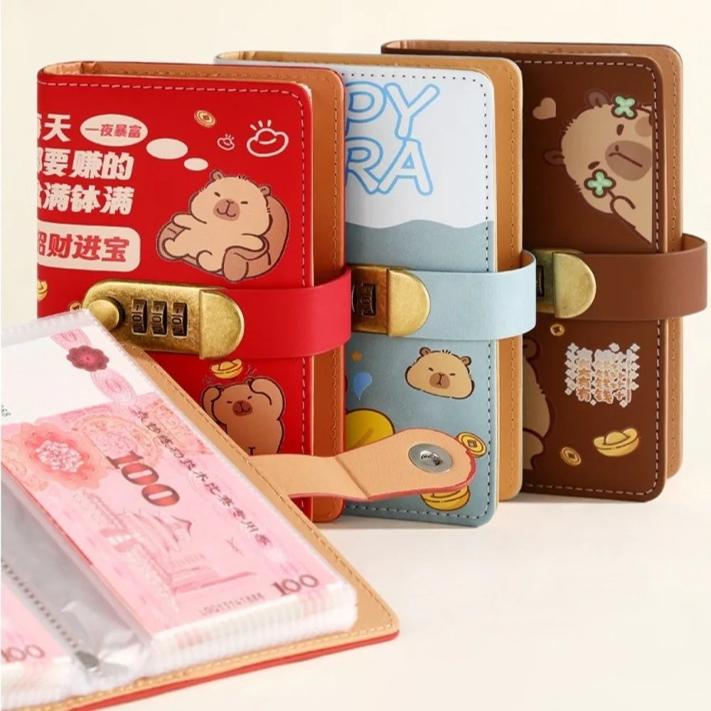 Cartoon Capybara Saving Money Binder PU Leather with Password Lock Planner Organizer Savings Handbook Cash Envelopes Oasis Select