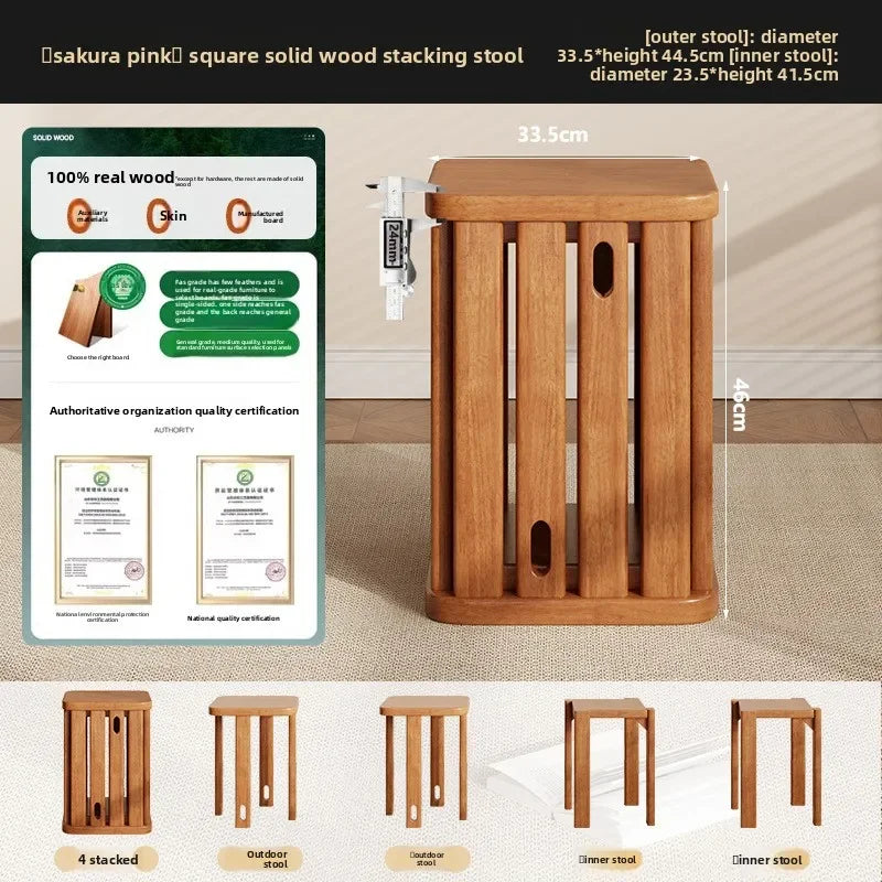 Household Stools Can Be Stacked Solid Wood Round Low Pulleys Wooden