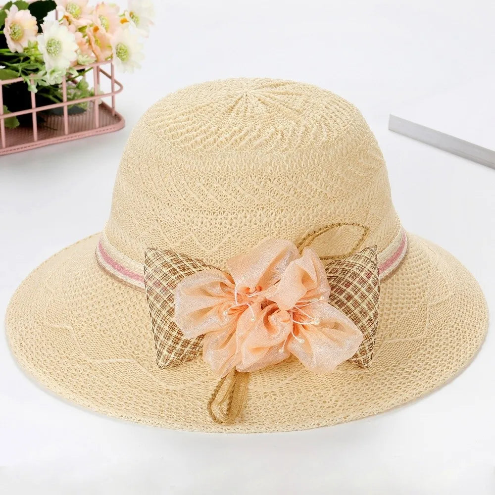 Women Fashion Wide Brim Straw Hat Bow Flowers Sun Protection Sun Hat Leisure Foldable Sunscreen Beach Hat Women Oasis Select Khaki
