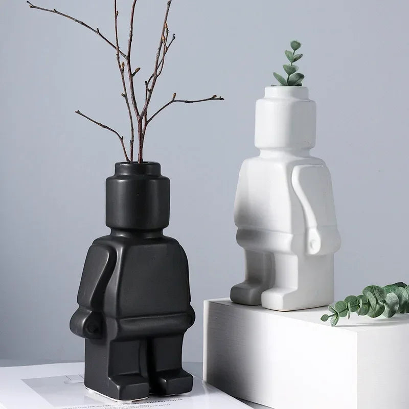 Creative Abstract Art Figurative Robot Dry Flower Vase Resin Crafts Living Room Office Desktop Decoration Oasis Select