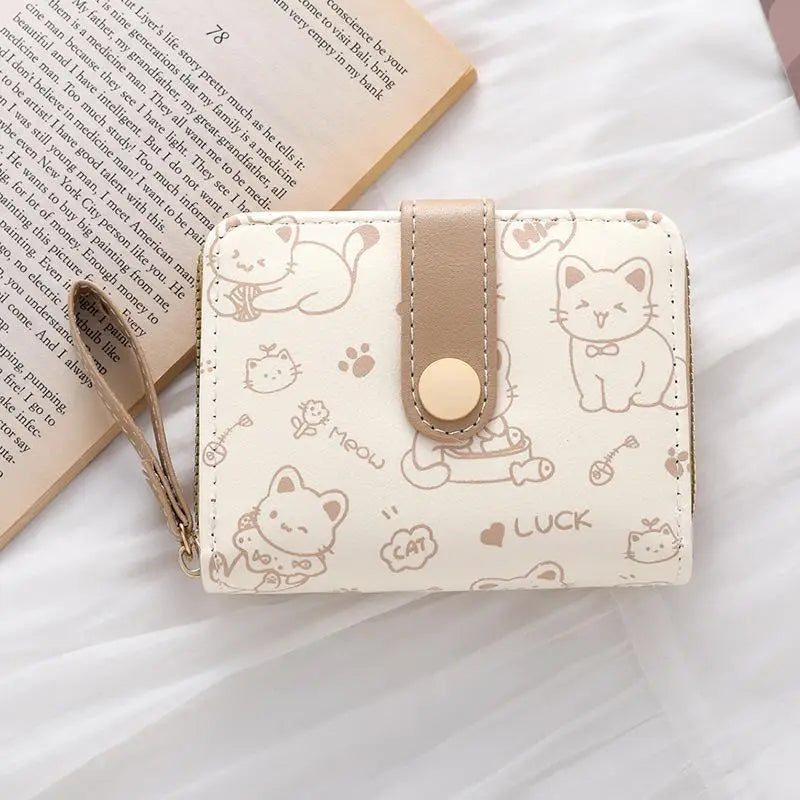 Japanese Cute Cat Girls Wallet Short Student ID Bank Card Holder Money Bag Zipper Wallets For Women Key Storage Purse Coin Purse Oasis Select Brown