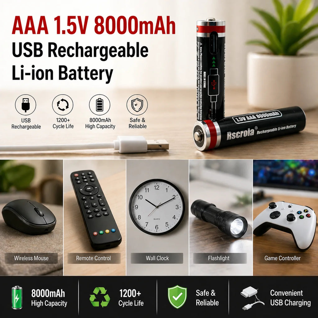 AAA Rechargeable Battery 1.5V 8000mAh Li-ion Batteries with USB Direct Charge Port for Remote Control Toy Mouse Keyboard+Cable Oasis Select