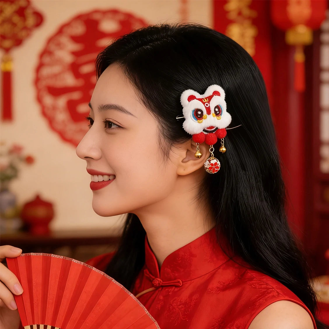 2pcs Chinese Lion Dance Hair Clip Pompom Tassel Barrette Traditional Xing Shi Awakened Lion Hairpin Oriental Festival Accessorie Oasis Select