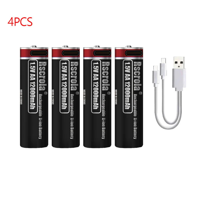 1.5V AA Rechargeable Lithium Battery 12000mAh with Type-C Cable, Stable Output for Camera, Mouse, Toys, Flashlight Oasis Select 4 PCS AA Batteries