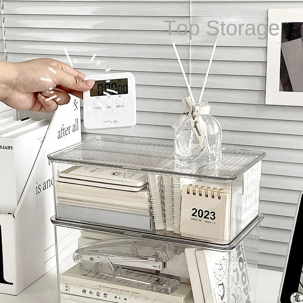 1pc Desktop Storage Box Large Capacity with Lid, Transparent Cosmetic & Office Organizer, for Office Supplies/Books/Documents Oasis Select