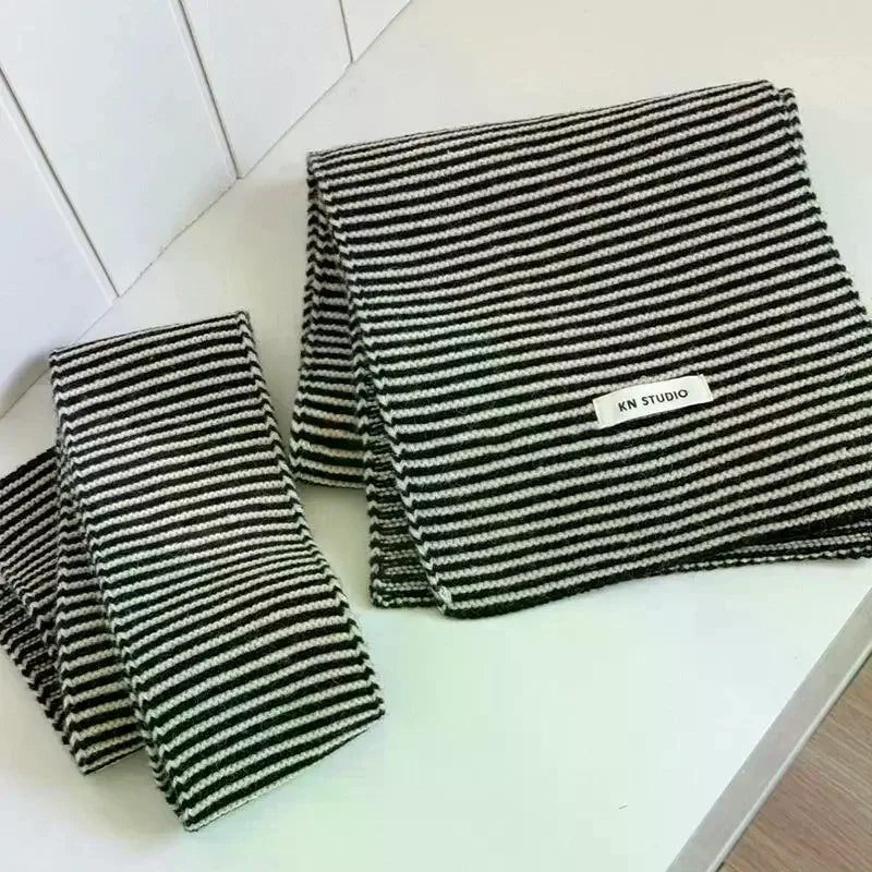 Black & White Striped Knit Scarf – Women's Winter Shawl Wrap