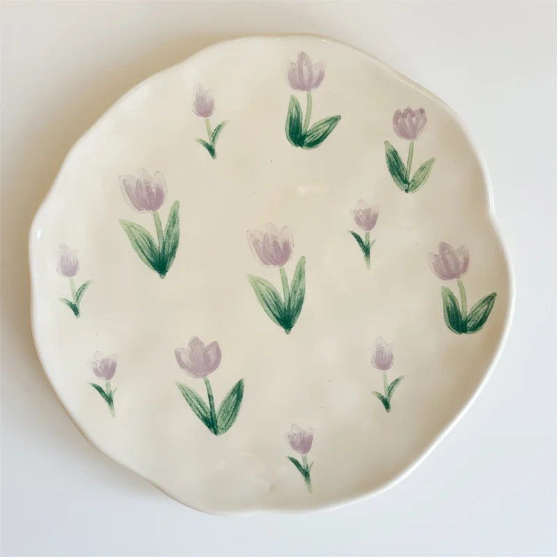 Ceramic Plate Flower Pattern Coffee Mug Set Painted Cute Girl Hand-painted Underglaze Color Gift Saucers for Festivel Present Oasis Select Tulip-plate 210-300ml