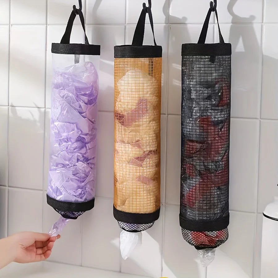2pcs Wall-Mounted Kitchen Plastic Bag Holder, Foldable Mesh Hanging Dispenser, Reusable Garbage Bag Organizer Oasis Select