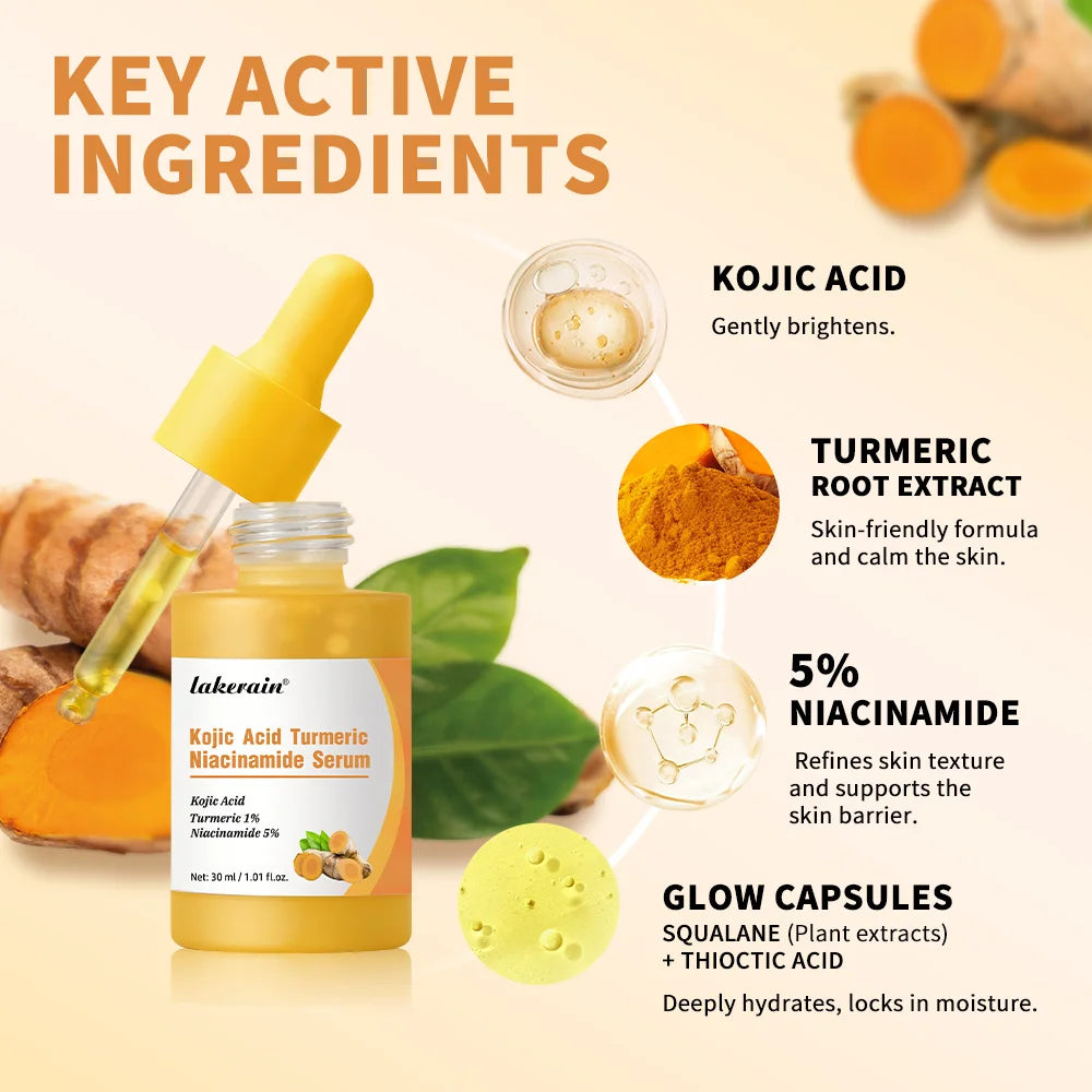 Lakerain Kojic Acid Turmeric Niacinamide Serum Gentle Sooth Brighten Face Skin Serum Nourishing Deeply Hydrating Skin Essence Oasis Select