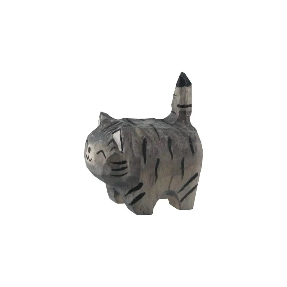Handmade Wood Carved Cat Figurine | Gray & Orange Kitten Decor