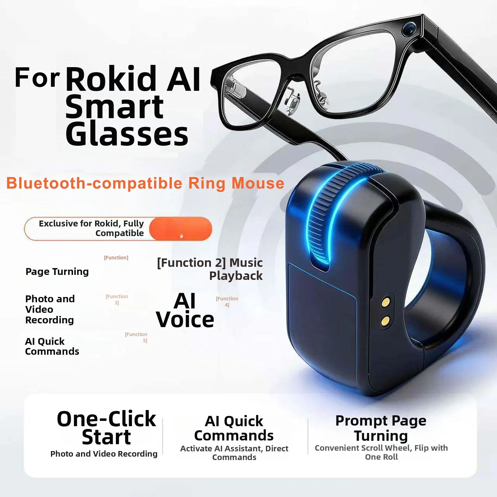 Ring Controller for Rokid AI Smart Glasses Wireless Photo Shutter Page Music Control ABS Black White 3.6x3.2x1.8CM Oasis Select