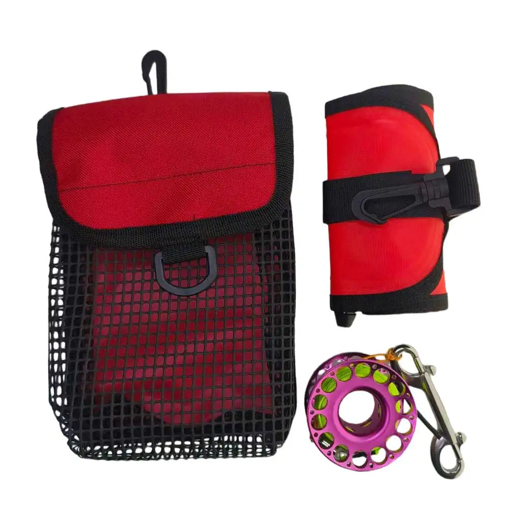 Diving SMB Kit 1.1m Closed Surface Marker Buoy & 30m Aluminum Finger Spool Reel & Dive Sausage Storage Bag Combo Oasis Select red pink