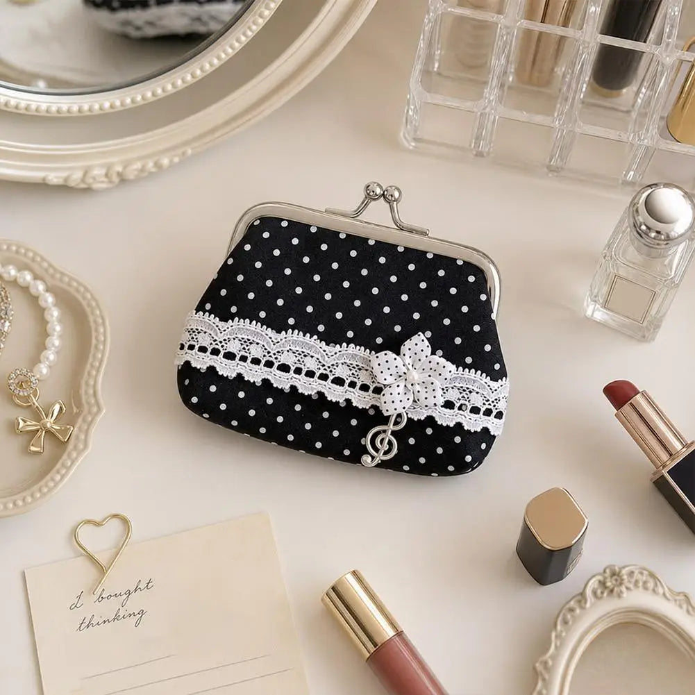 Retro Mini Pouch Polka Dot Coin Bag Women's Small Wallet Lace Decor Music Note Pendant Portable Storage Organizer Oasis Select