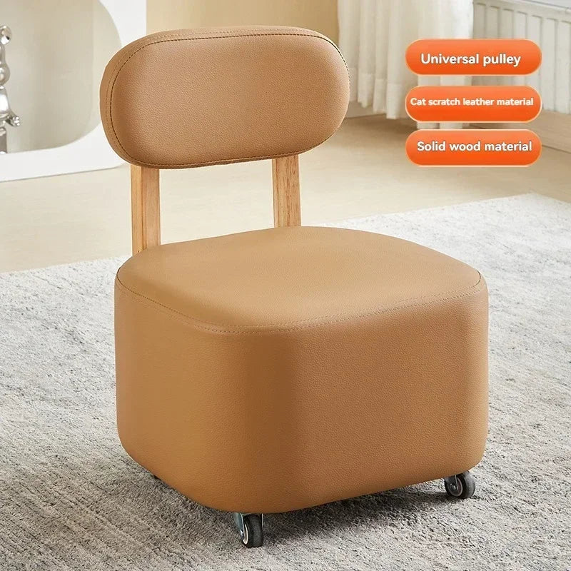 Small stool, household low stool, universal wheel, solid wood small chair, pulley, movable sliding chair, wooden backrest, squar Oasis Select Type B