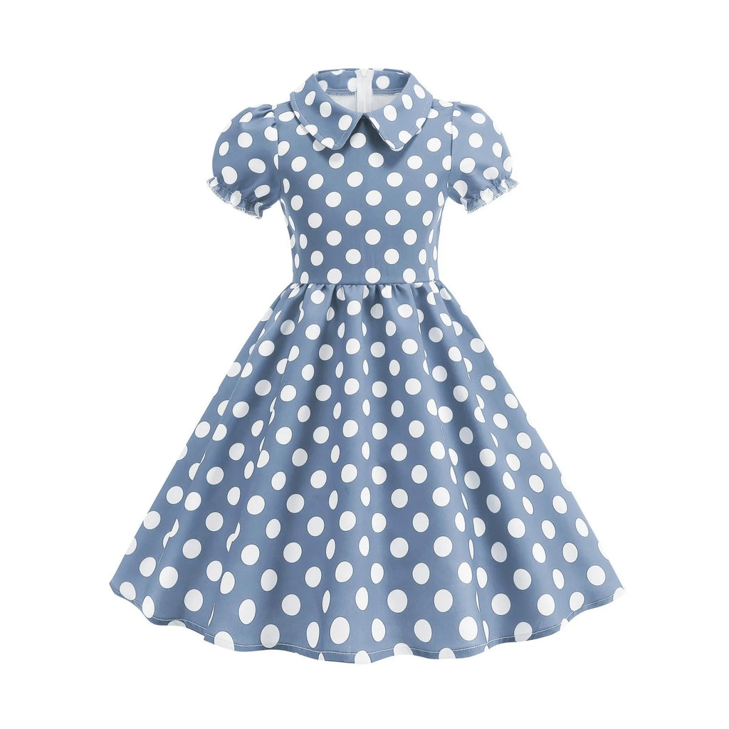 2025 Children Little Girl Vintage Summer Short Dress Turn Down Collar Polka Dot Print Cotton Princess Cocktail Dresses 1950s 60s Oasis Select Dark Blue 120