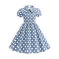 2025 Children Little Girl Vintage Summer Short Dress Turn Down Collar Polka Dot Print Cotton Princess Cocktail Dresses 1950s 60s Oasis Select Dark Blue 120