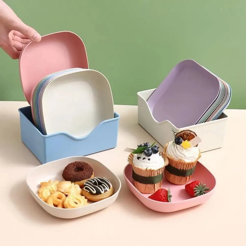 10-Piece Macaron Color Square Snack Plate Set with Stand Snack Plate Set Oasis Select