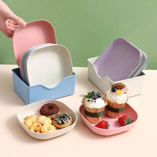10-Piece Macaron Color Square Snack Plate Set with Stand Snack Plate Set Oasis Select